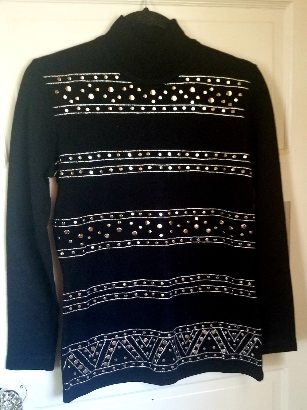 Vintage 80s Goth Black Mock Neck Sweater with Silver Studded Geometric Stripes